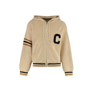 CELINE Varsity Knit Zip-Up Hoodie Men Beige Sweaters & Cardigans